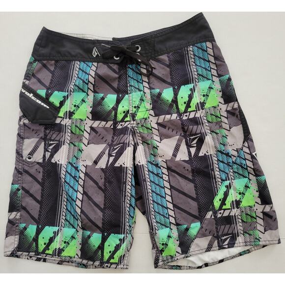 Volcom Board Shorts Men's Size 31 Swim Trunks Black Green Graphic 10" inseem - Picture 1 of 9